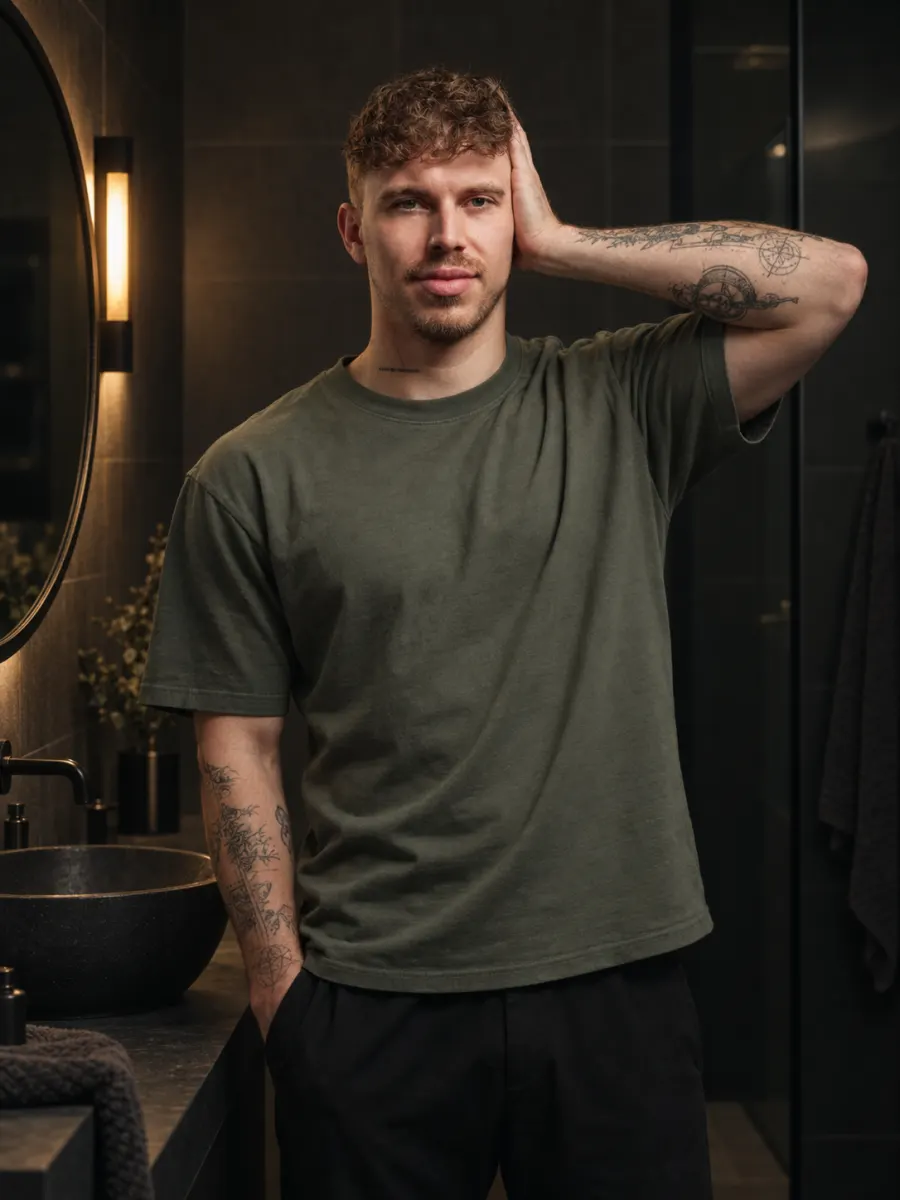 Chris steht morgens im Bad und macht eine Nackenübung.